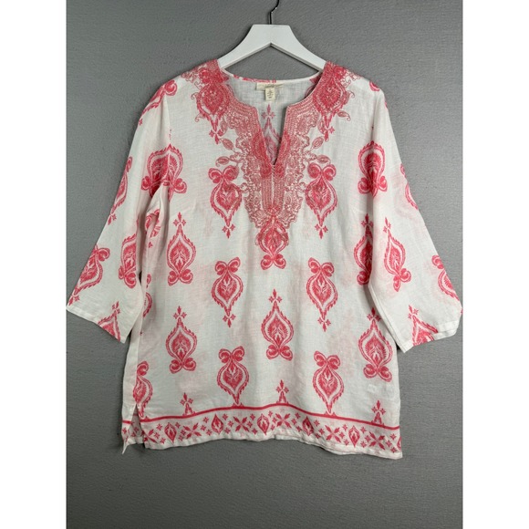 Charter Club Tops - Charter Club Linen Tunic Womens Large Embroidered 3/4 Sleeve Boho Coastal Beach